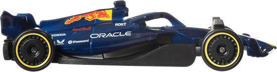 Donkerblauwe F1 raceauto met gele accenten en 'Oracle Red Bull Racing' logo's.