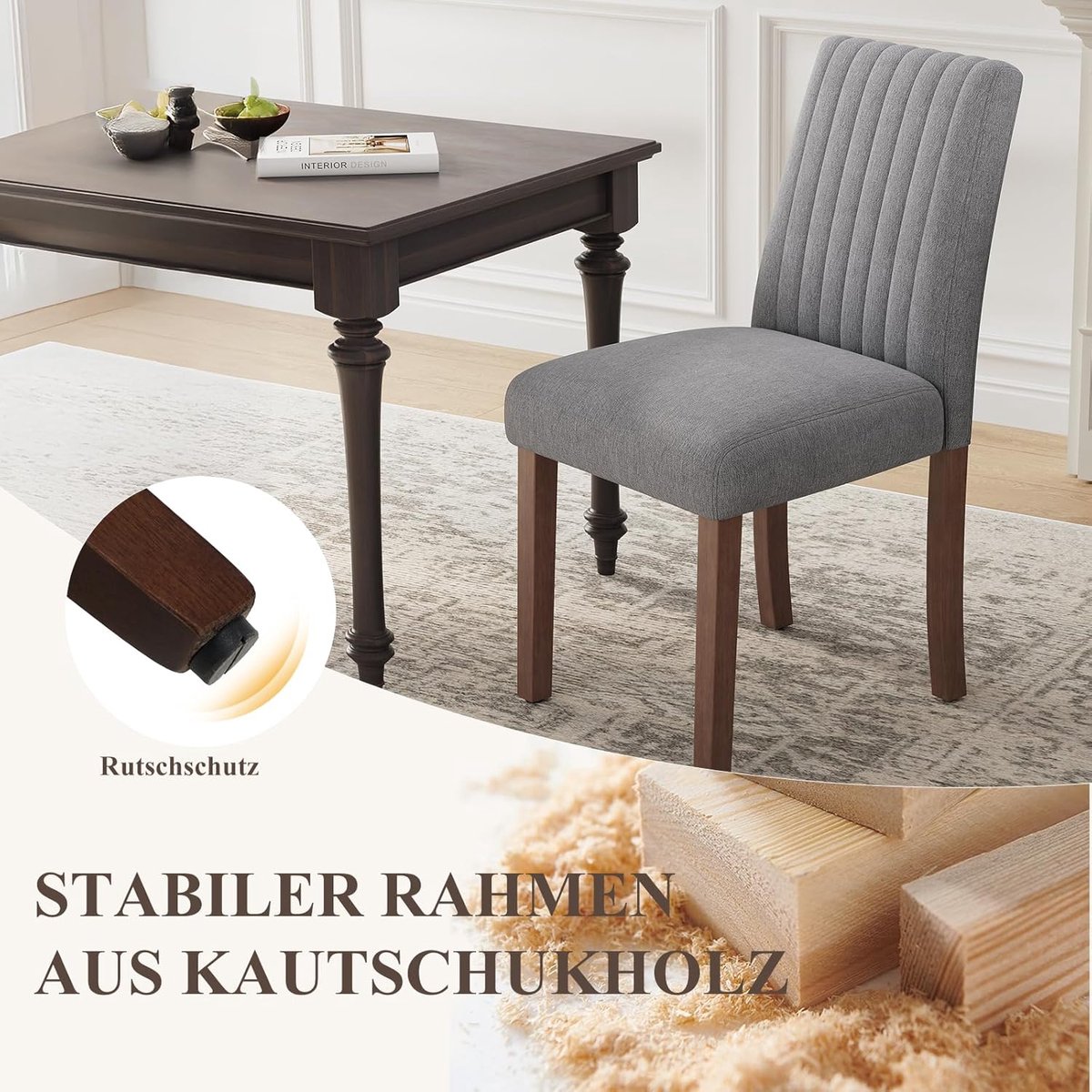 Luxe Ergonomische Eetkamerstoelen Set van 6 – Gestoffeerde Stoelen met Hoge Rugleuning, Donkergrijs, 57x44x85 cm – Comfortabele Stoffen Keukenstoelen met Houten Poten voor Eetkamer & Restaurant