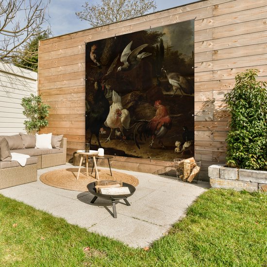 Tuinposter 200x200 cm - Tuindecoratie Vogels in een park - Schilderij van Melchior d'Hondecoeter - Poster voor in de tuin - Buiten decoratie - Schutting tuinschilderij - Tuindoek muurdecoratie - Wanddecoratie balkondoek