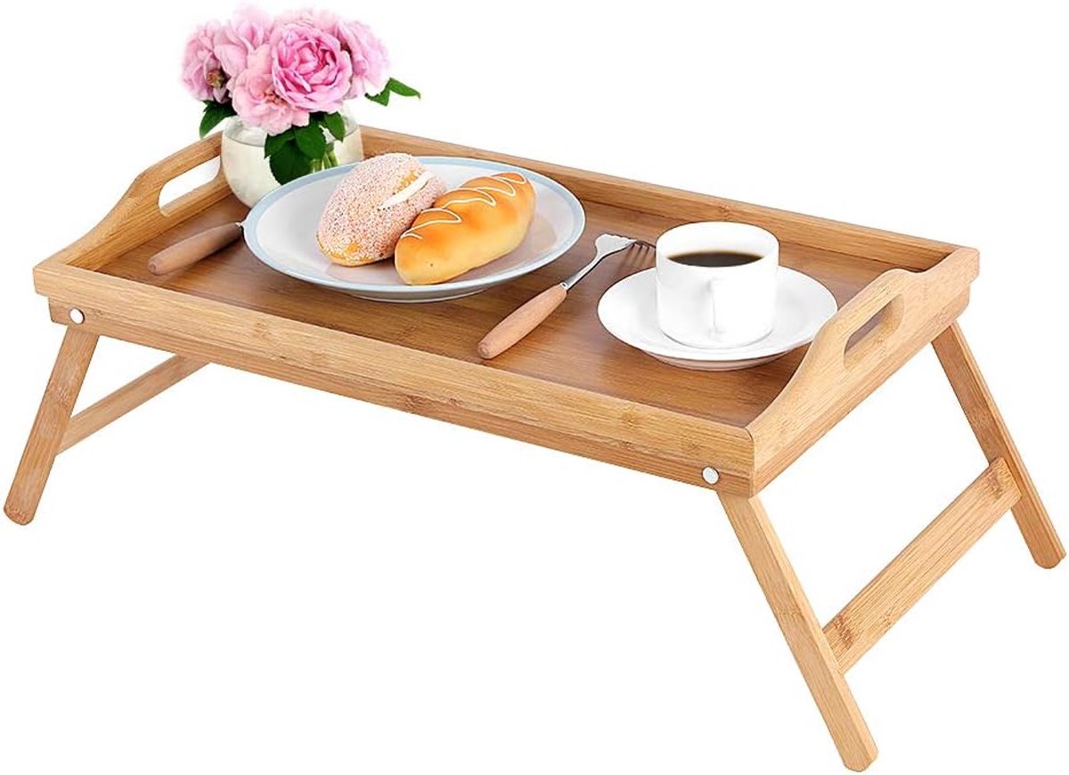 Bamboo Bed Tray - 63 X 27.3 X 22.5 Cm - Vouwbare Side Table - Ontbijt Tray - Laptop Tray met Handvatten voor Ontbijt op Bed