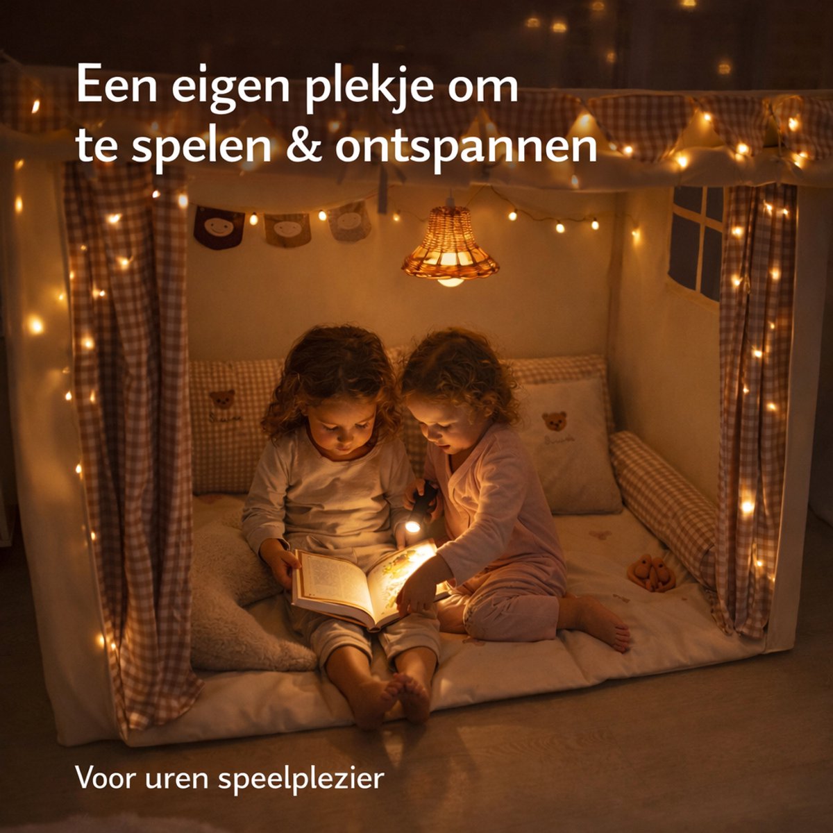 Fluvio Speeltent Kinderen – Speelhuisje Binnen met Lichtjes, Speelmat & Gordijntjes – Tipi Tent Jongens en Meisjes – Kinder Tent Beige - 120x80x128 cm — afbeelding 3