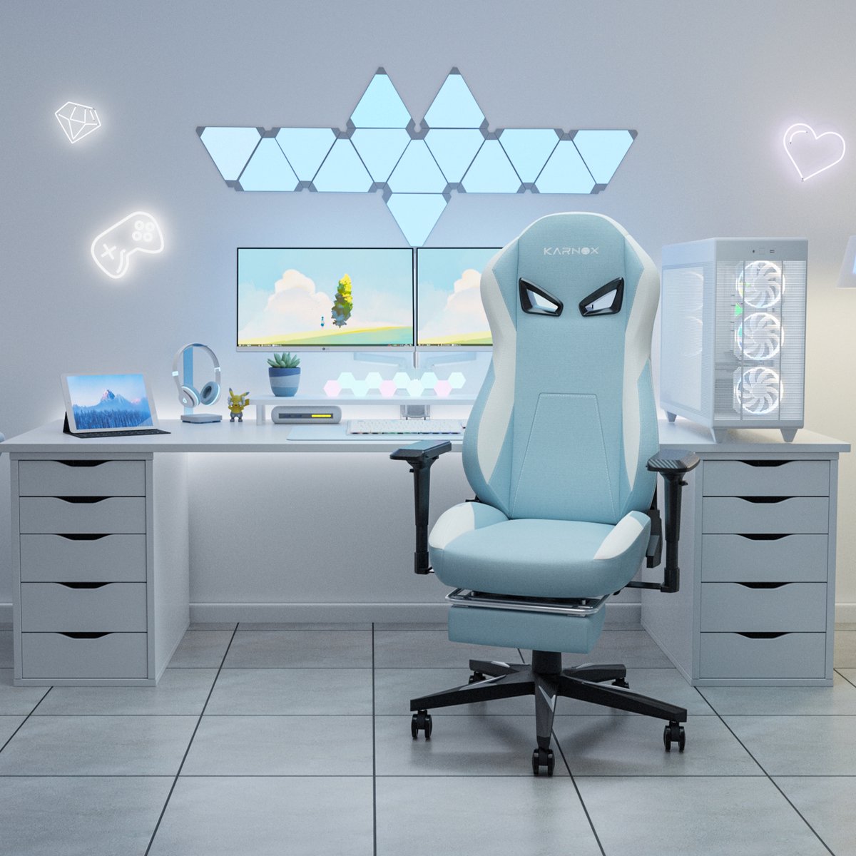 Wishdor - Ergonomische Gamestoel - Met 4D Armleuningen, Verstelbare Rugleuning, Hoofdsteun En Lendensteun - Racingstijl Voor Thuiswerk - Stoffen Bekleding Met Voetsteun - Lichtblauw - 60 X 53 X 132 Cm