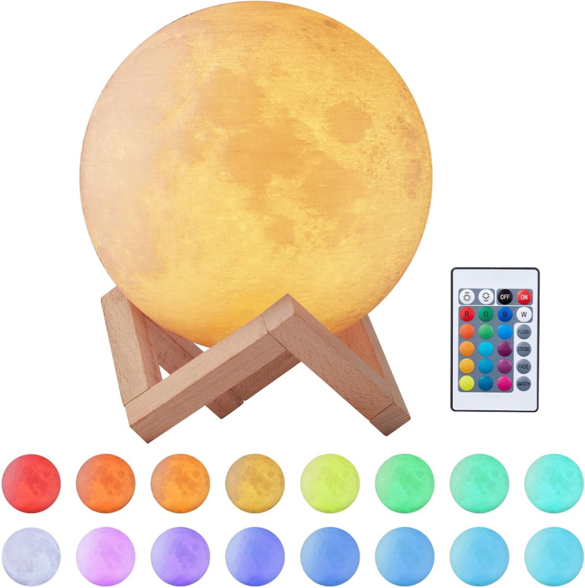 HEZIVO® Maanlamp - 3D Nachtlamp - Maan Lampje - Taffellamp LED - USB Oplaadbaar - 16 Kleuren