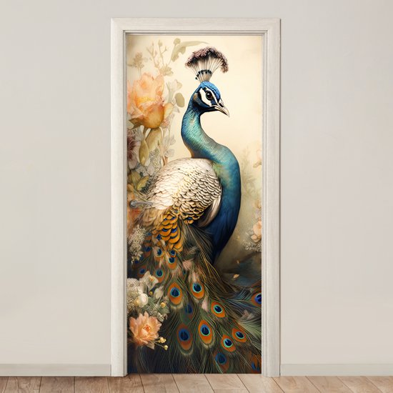 Sticker porte Paon - Plumes de paon - Fleurs - Vogels - Botanique - 80x205 cm - Poster porte