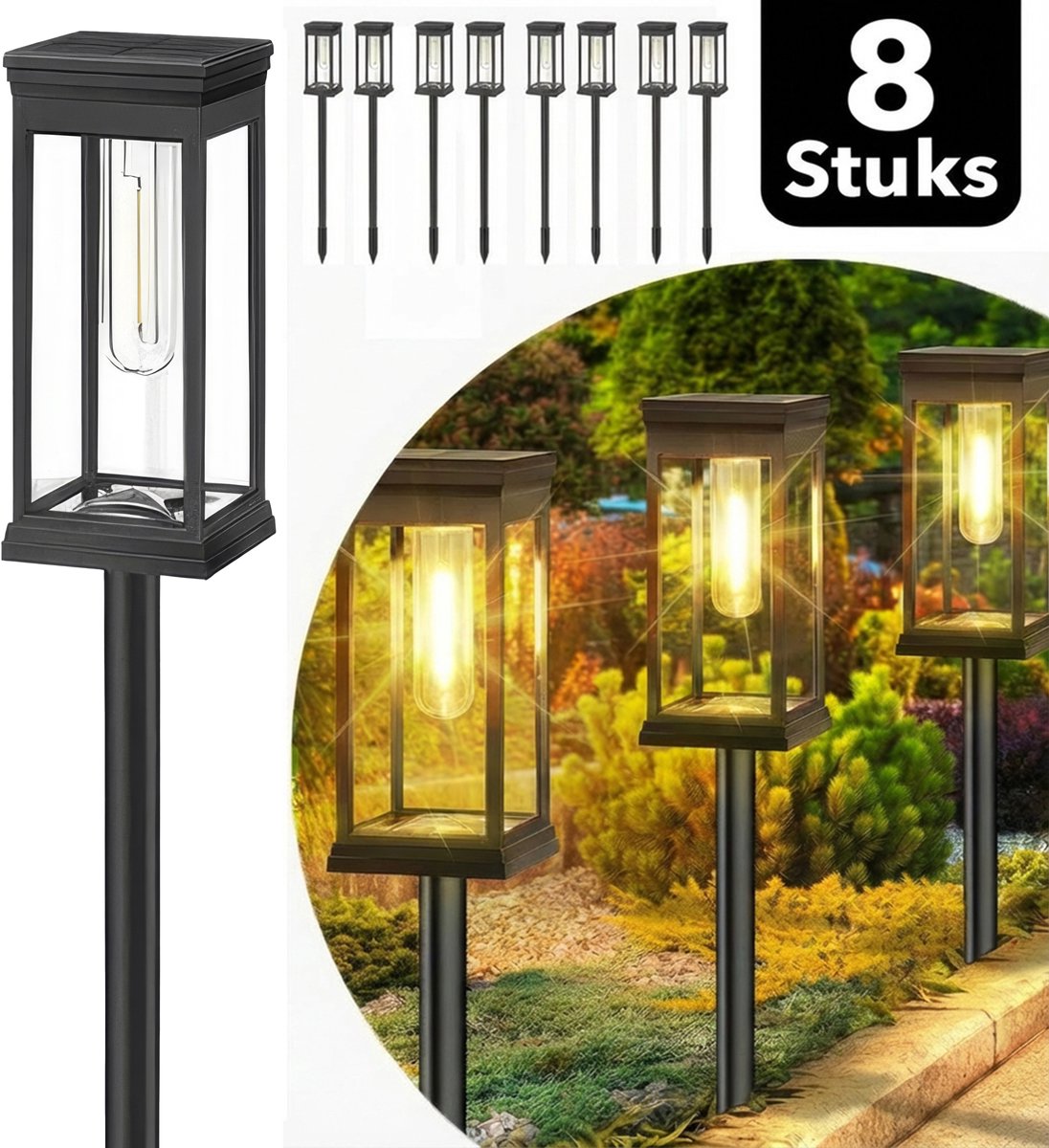 Webzon Solar Tuinverlichting Set van 8 (60x7 cm) - Solar Priklamp op Zonne-energie - LED Warm Wit - 8–12 uur gebruikstijd - Buitenlamp / Tuinlamp / Padverlichting - Lantaarn voor buiten - IP65 Waterdicht - Zwart