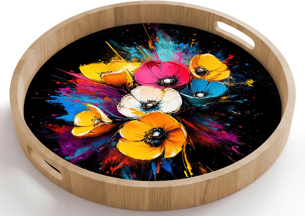 Dienblad rond 50x50 cm - Schootdienblad hout - Bloemen - Kleurrijk - Graffiti - Modern - Boeket - Borrelplank rechthoek - Plateau houten dienbladen