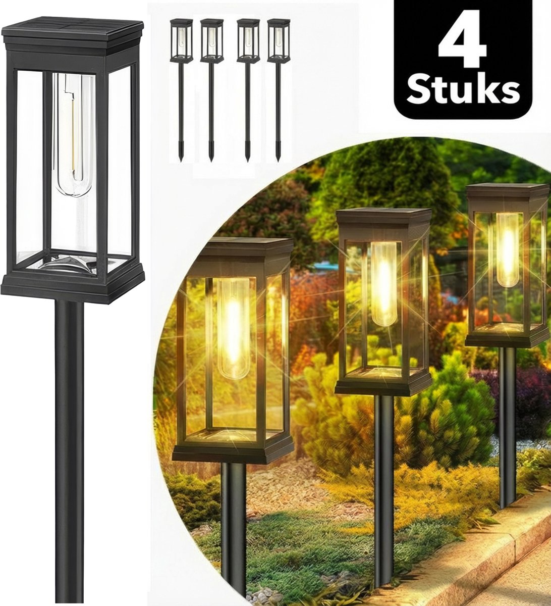 Webzon Solar Tuinverlichting Set van 4 (60x7 cm) - Solar Priklamp op Zonne-energie - LED Warm Wit - 8–12 uur gebruikstijd - Buitenlamp / Tuinlamp / Padverlichting - Lantaarn voor buiten - IP65 Waterdicht - Zwart