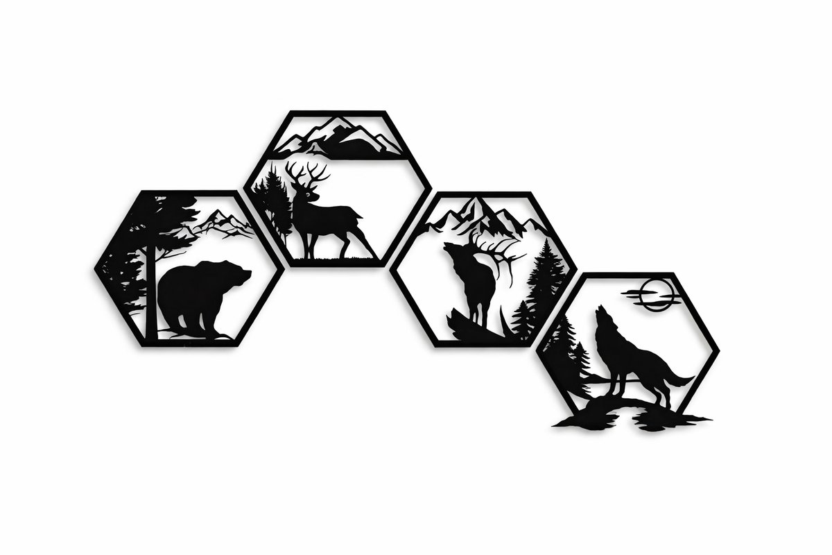 Loire Design Metalen wanddecoratie industrieel - 4 Delige Geometrische Bosdieren - Eland, Hert, Wolf, Beer in Berg- & Boomscènes - Natuur