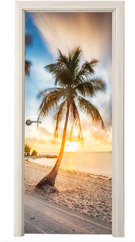 Deurposter 85x205 cm - Deursticker Zonsondergang - Strand - Palmboom - Meubelfolie zelfklevend - Deurfolie woonkamer - Interieurfolie fotobehang - Deur plakfolie - Deurstickers - Deurbehang sticker - Kamer decoratie