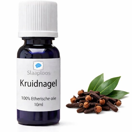 Flesje Slaaploos Kruidnagel 100% Etherische olie met een hoopje kruidnagels en blaadjes ernaast op een witte achtergrond.