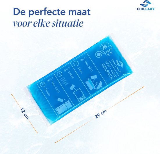 Blauw Chillaxy gelpack van 29x12 cm, met instructies voor verwarming en koeling. De perfecte maat voor elke situatie.