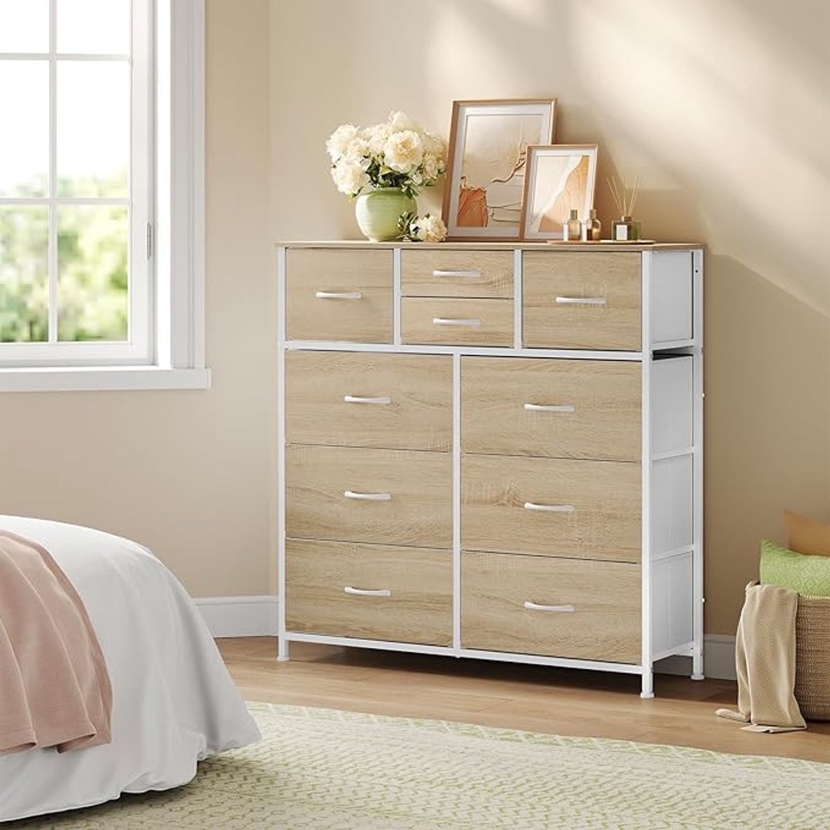 XL Industriële Commode met 10 Laden – Grote Ladekast Opbergkast 100x30x100 cm – Licht Eiken/Wit – Slaapkamer, Woonkamer & Hal – Mobili Bella