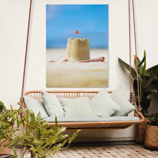 Affiche de jardin - Plage - Zandkasteel - Coquillages - Drapeau - Été - 90x120 cm - Décoration murale extérieur - Toile jardin - Décoration de jardin - Jardin