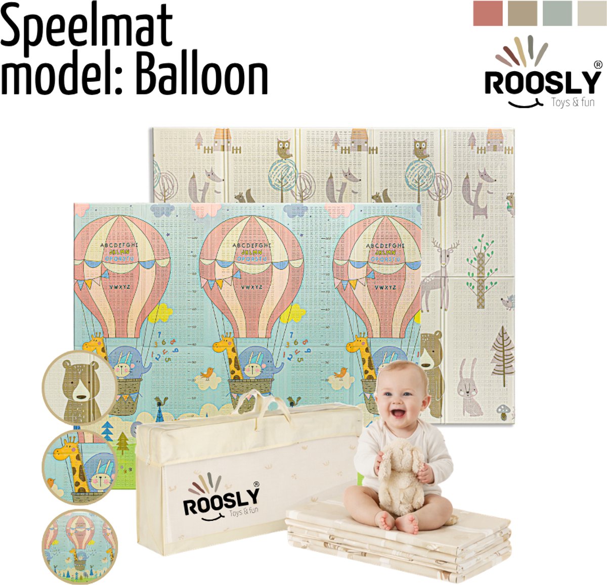 Roosly Speelmat Baby - Speelkleed Baby - Inclusief Opbergtas - babygym - kruipmat - playmat - Dubbelzijdig en opvouwbare Foam XPE 180 x 200 cm - speelgoed - Veilig & Zacht - model Balloon — afbeelding 3