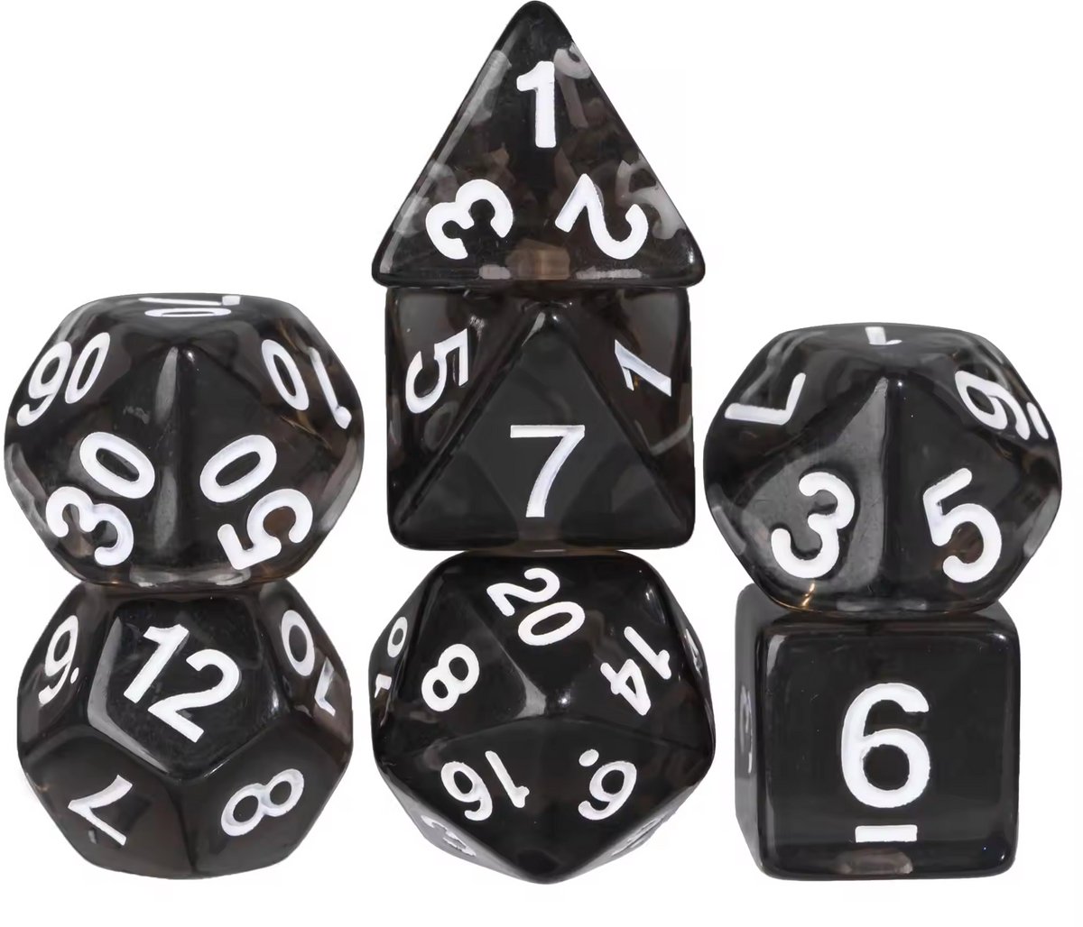 Dobbelstenen Set 7-delig – Transparant Zwart D20 D12 D10 D8 D6 D4 – Voor RPG & Tafelspellen