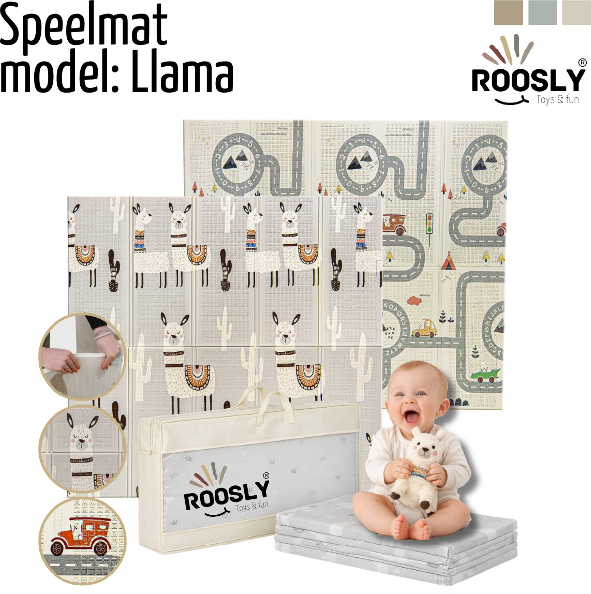 Roosly Speelmat Baby - Speelkleed Baby - Inclusief Opbergtas - babygym - kruipmat - playmat - Dubbelzijdig en opvouwbare Foam XPE 180 x 200 cm - speelgoed - Veilig & Zacht - model Llama – foto 8