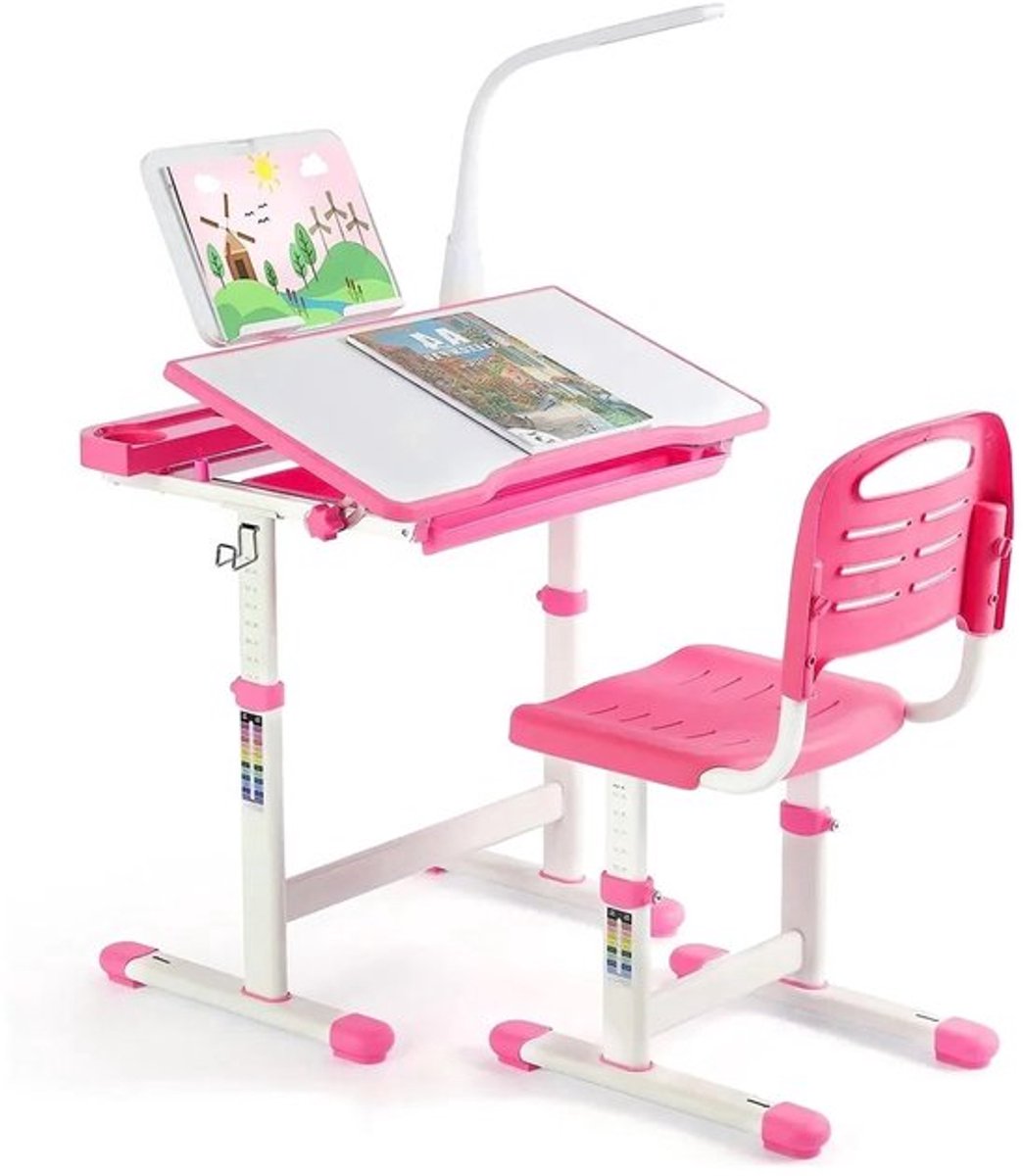Ergonomisch Kinderbureau – Kinderbureau Met Stoel – Verstelbaar Bureau – LED Leeslamp – Ka