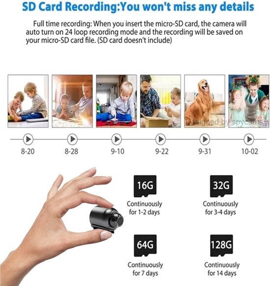 Tijdlijn met foto's van kinderen en een hond. Hand houdt een kleine zwarte camera vast. Opties voor SD-kaartopslag.