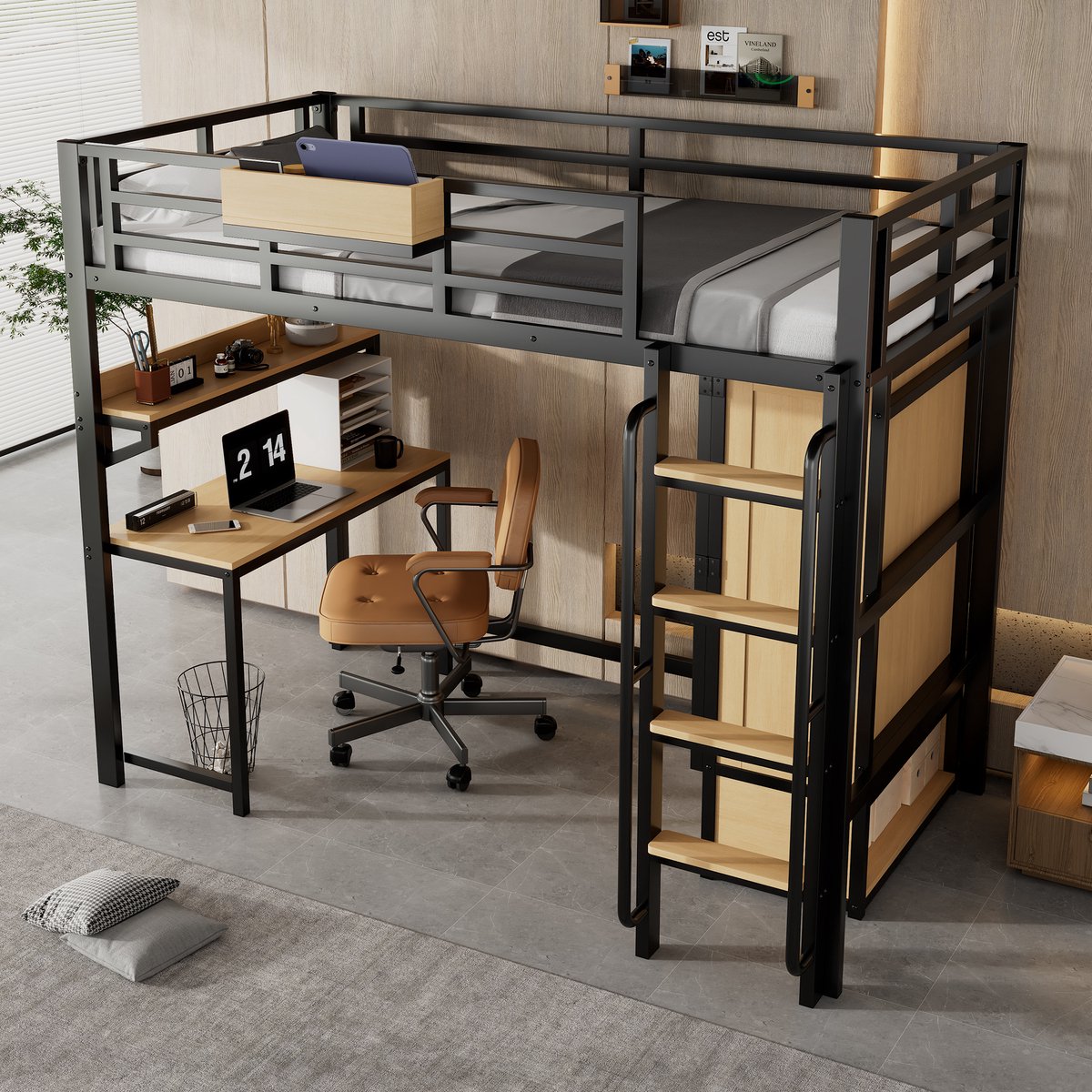 MODFU – Hoogslaper met Kledingkast – 90x200 cm – Bureau & Opbergrek – Metaal – Zwart/Naturel