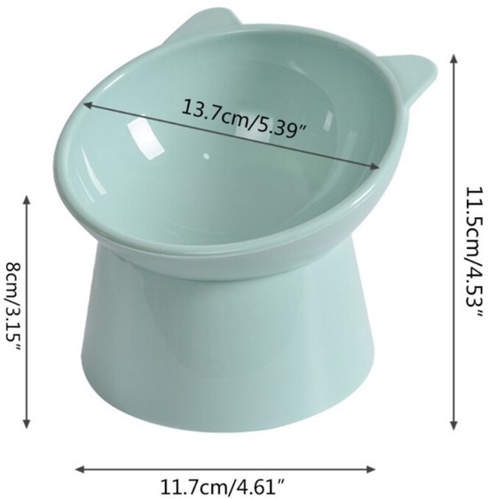 Afmetingen van een lichtblauwe kattenbak met oor-details: diameter 13,7cm, hoogte 11,5cm, poothoogte 8cm.