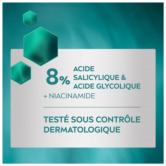 8% salicylzuur & glycolzuur + niacinamide, getest onder dermatologische controle.