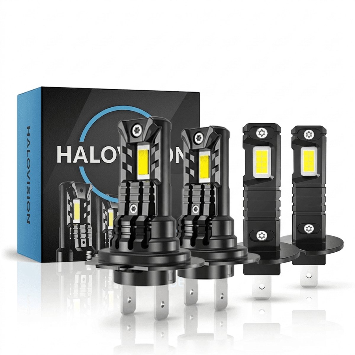 HaloVision Turbo LED Groot Licht + Koplampen H7 + H1 – 25W 5000Lm 6000K Helder Wit – Canbus Plug en Play Dimlicht + Grootlicht LED Set van 4 Autolampen