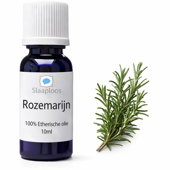 Flesje Slaaploos Rozemarijn etherische olie, 10ml, met een takje rozemarijn ernaast.