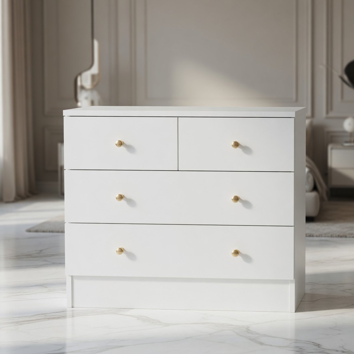 Luxe Commode 4 Lades – Smalle Opbergkast 66x33x57,5 cm – Wit Dressoir voor Slaapkamer, Woonkamer & Hal – Multifunctionele Kast met Soft-Close Rails & KantelbeveiligingModerne Mobili Bella
