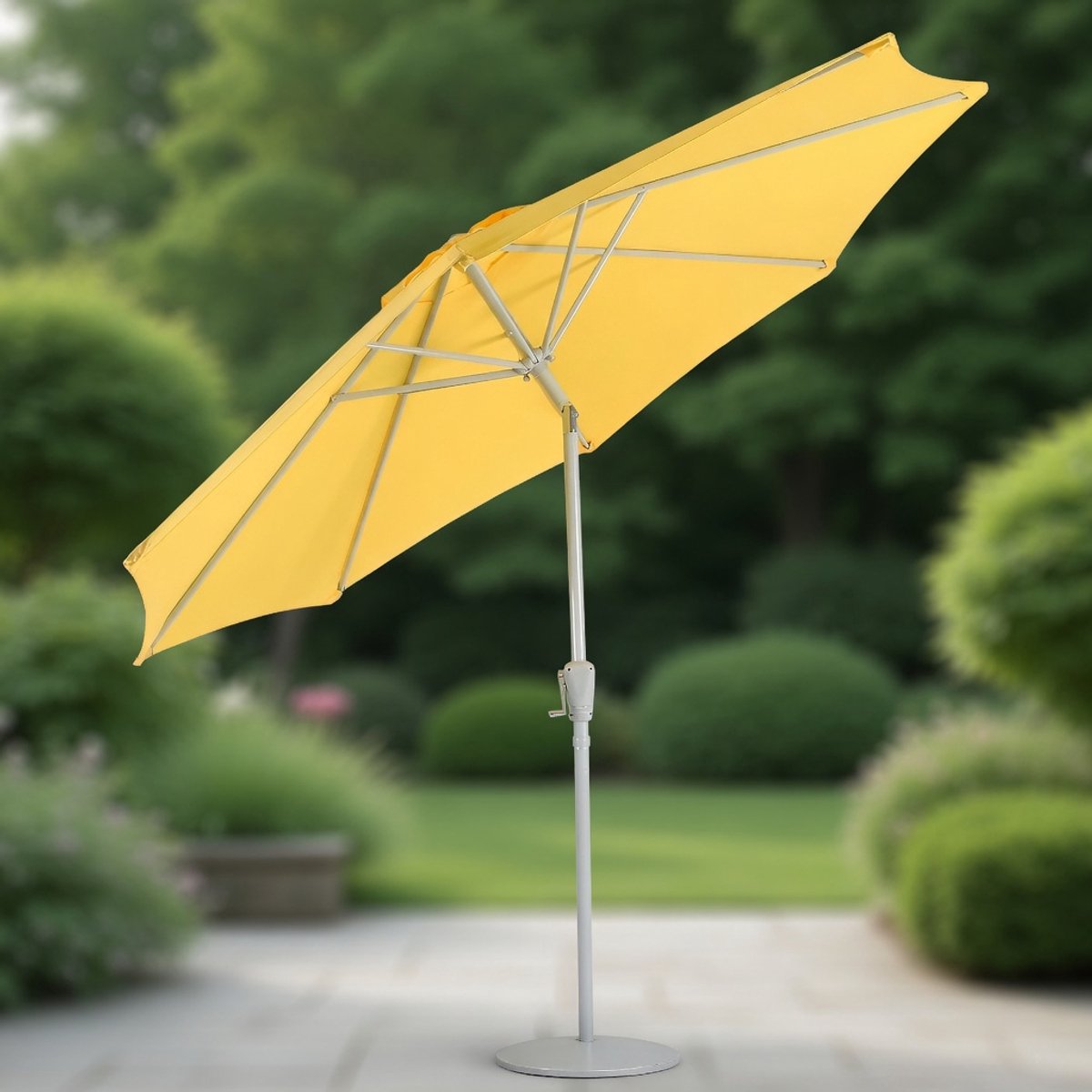 Kantelbare Tuinparasol Ø 270 cm met Zwengelmechanisme, UV50 Bescherming, Aluminium Frame en Ventilatie – Zonnescherm voor Tuin en Balkon – Geel – Mobili Bella