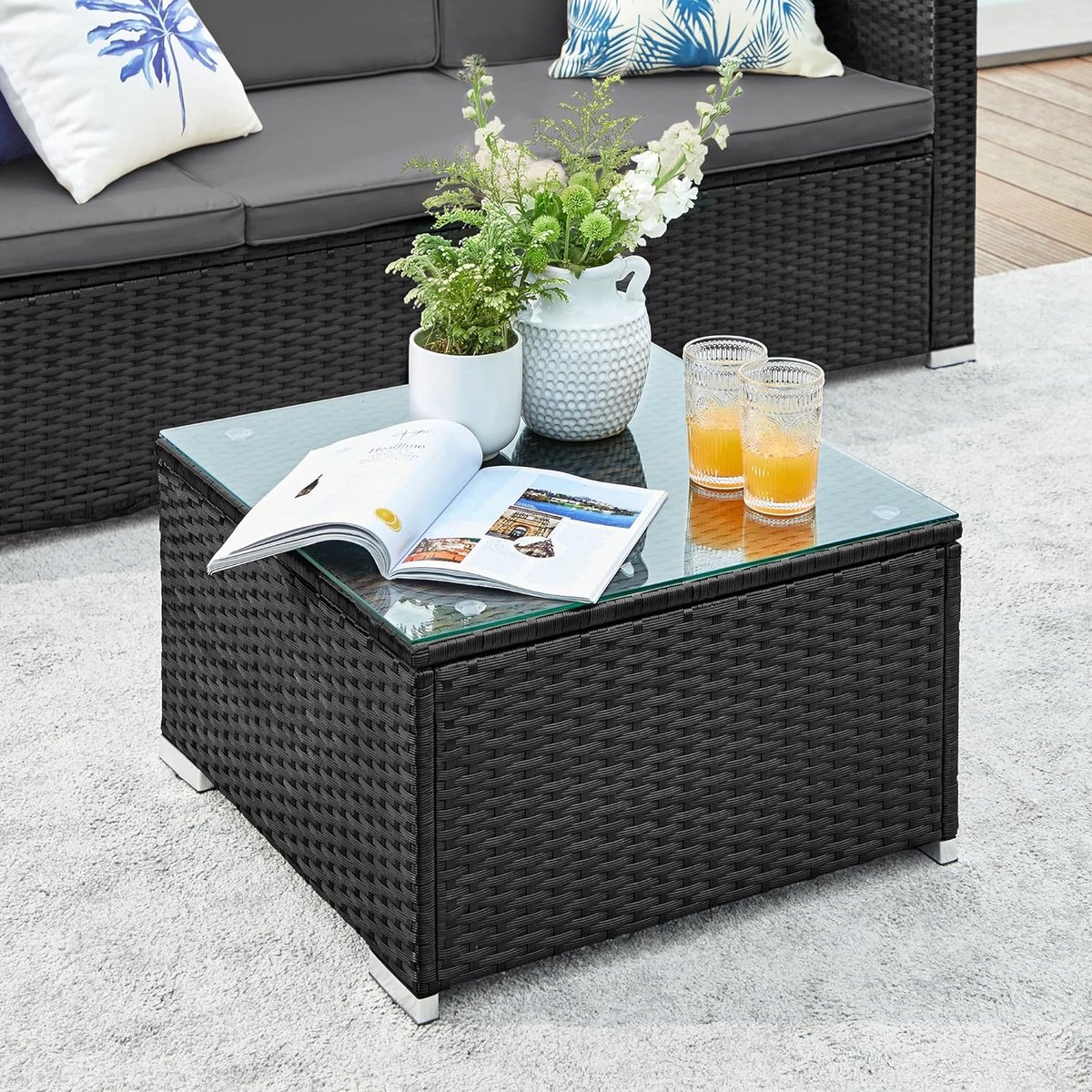 Loungeset tuin 4 personen – 200x140x75 cm – Wicker hoekbank met tafel, kruk en kussens – Balkon & terras meubelset PE-rotan – Grijs – Laura