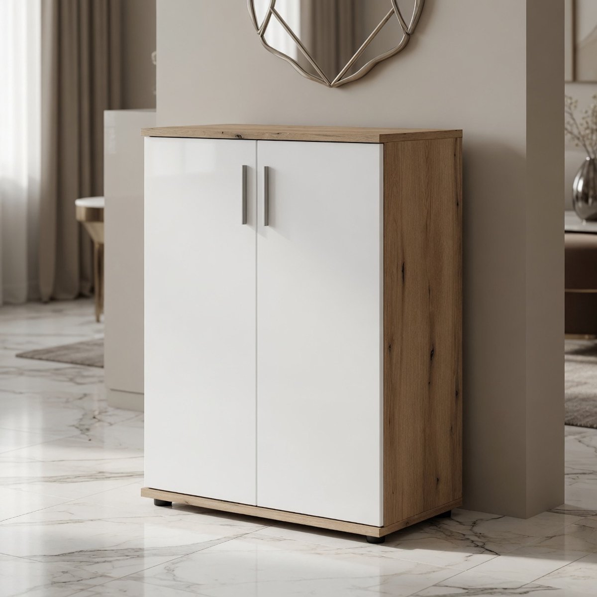 Moderne Commode met 2 Lades – Mat Wit & Eiken Rustieke Look – 60 x 84 x 35 cm – Compacte Ladekast voor Slaapkamer of Woonkamer – Mobili Bella BC 1040