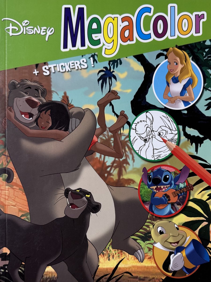 MegaColor Disney Kleurboek Jungle Book Baloo - Mowgli - Bagheera - Alice (Alice in Wonderland) - Bambi (Bambi) - Stitch (Lilo & Stitch) - Jiminy Cricket (Pinocchio) - Extra dik! kleurboek met +/- 120 kleurplaten en 1 stickervel met 25 stickers