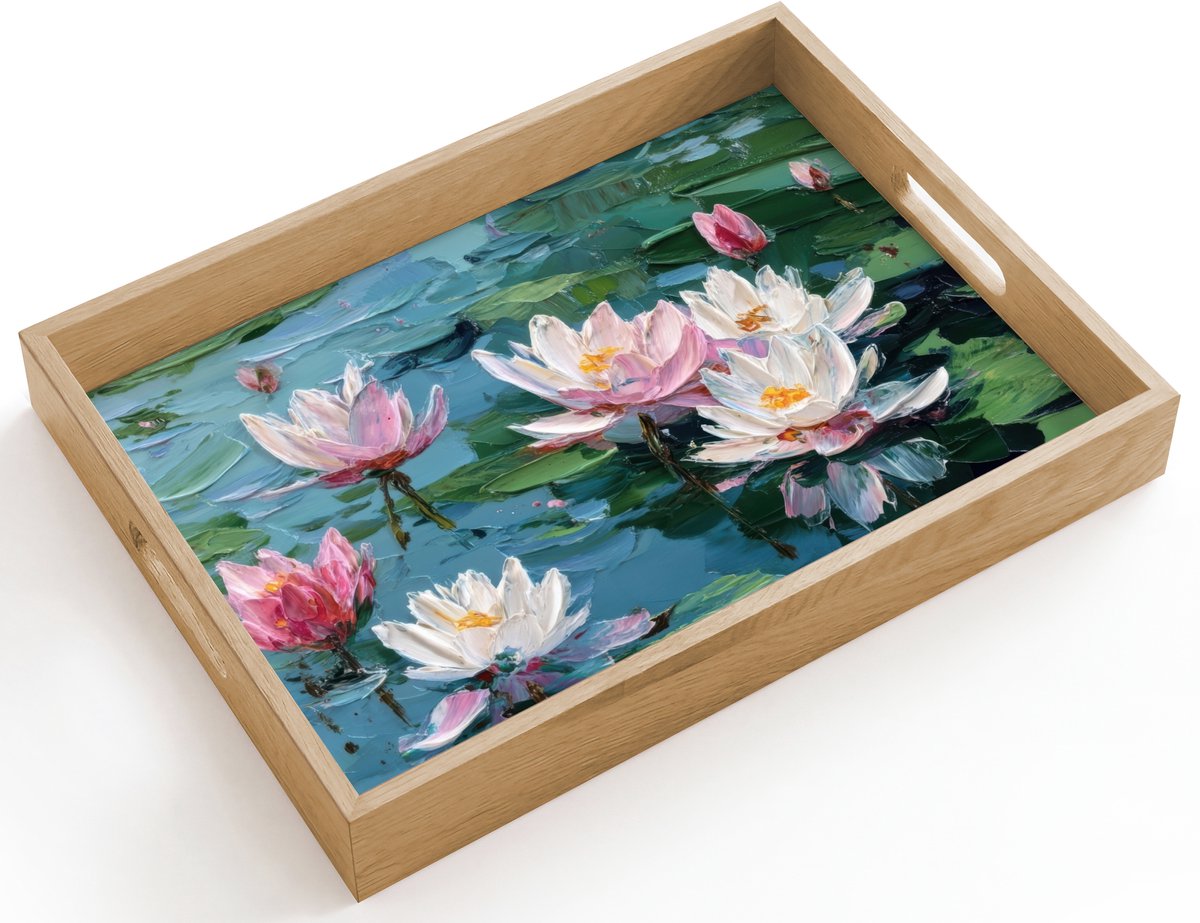 Dienblad hout 40x30 cm - Schootdienblad - Waterlelies - Bloemen - Roze - Water - Borrelplank rechthoek - Plateau dienbladen