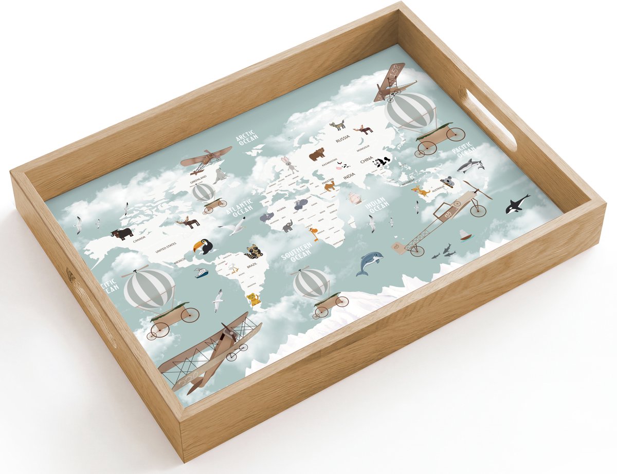 Dienblad hout 40x30 cm - Schootdienblad - Wereldkaart - Kind - Vliegtuig - Borrelplank rechthoek - Plateau dienbladen