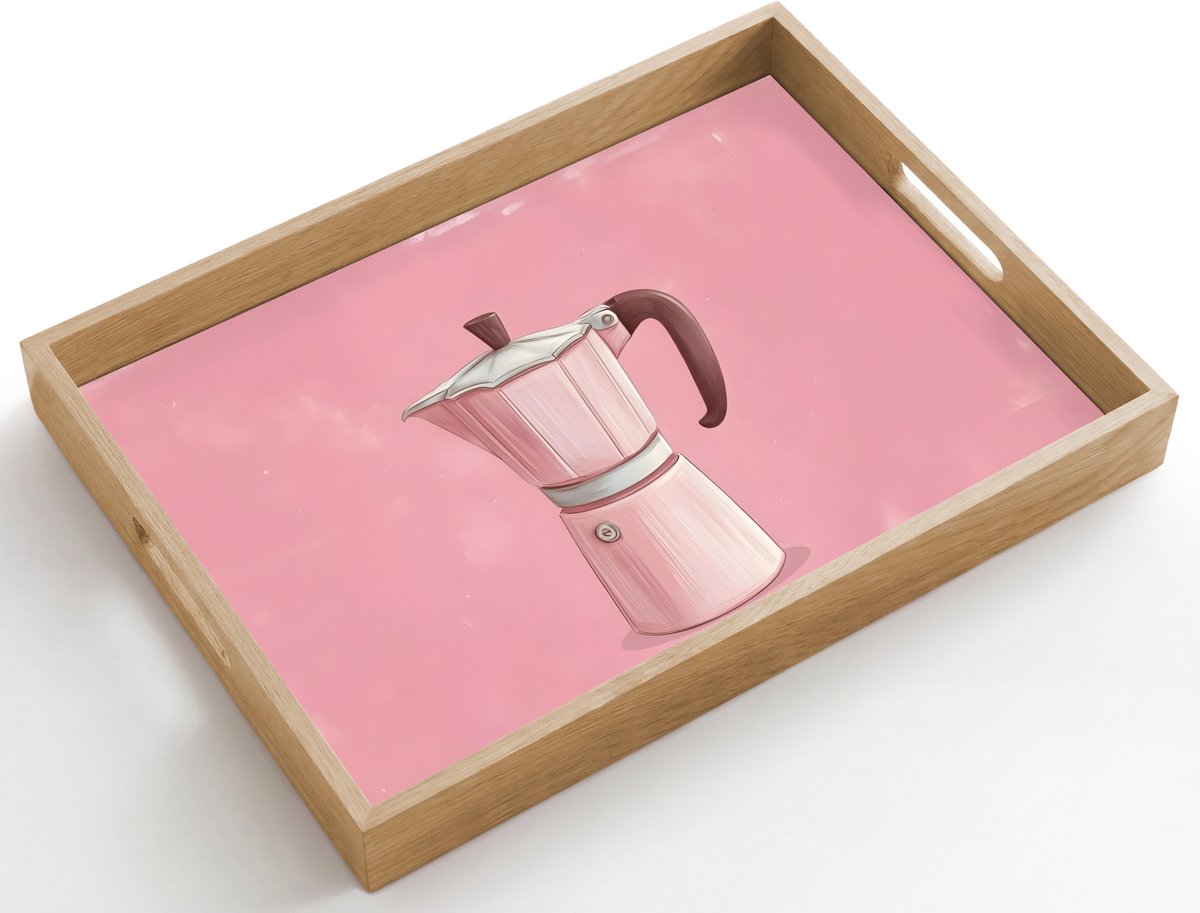 Dienblad hout 50x35 cm - Schootdienblad - Roze - Mokkapot - Illustratie - Koffie - Borrelplank rechthoek - Plateau dienbladen