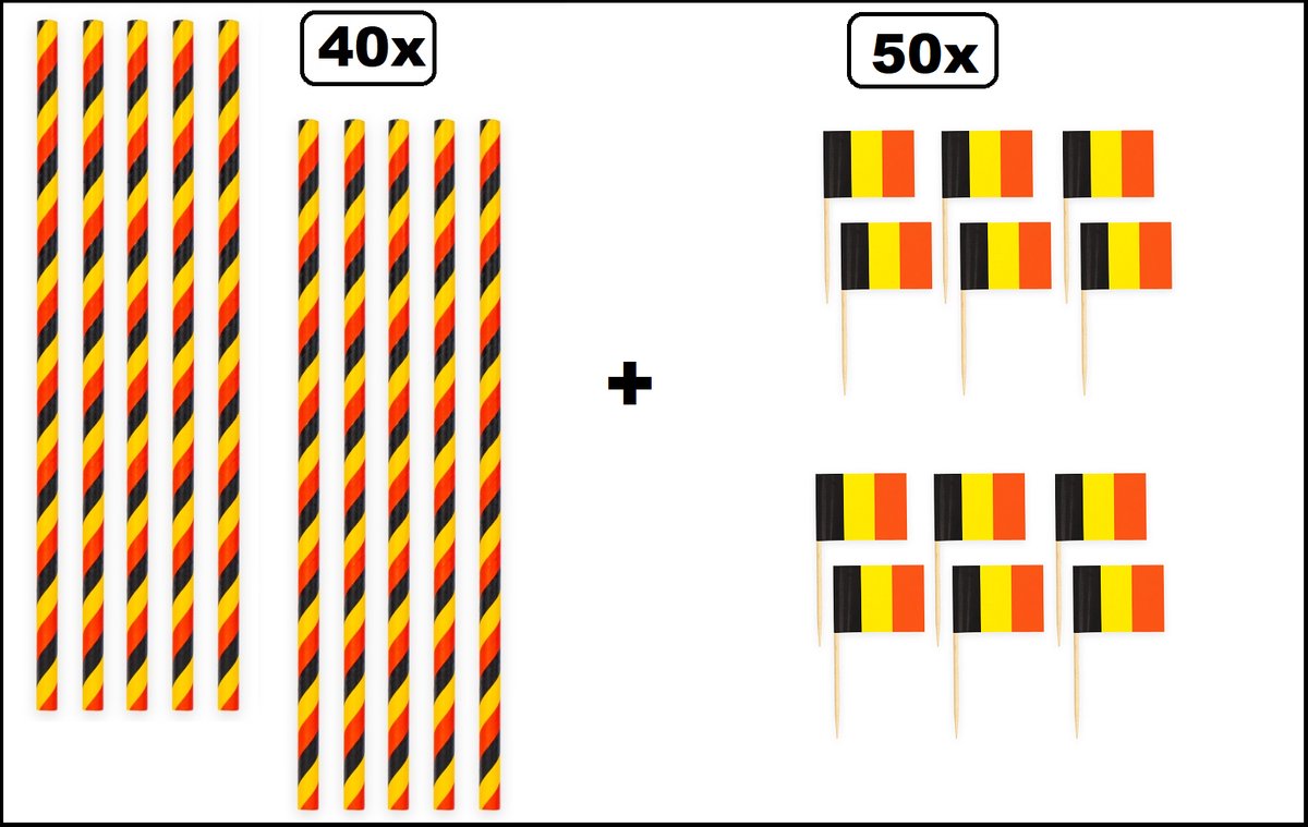 40x Papieren rietjes landen Belgie 20cm + 50x Cocktail vlag prikkers Belgie - Belgium WK sport festival themafeest party