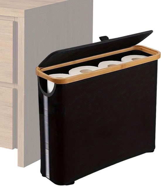 Zwarte opbergbox voor wc-rollen met bamboe frame, geplaatst naast een houten kast.