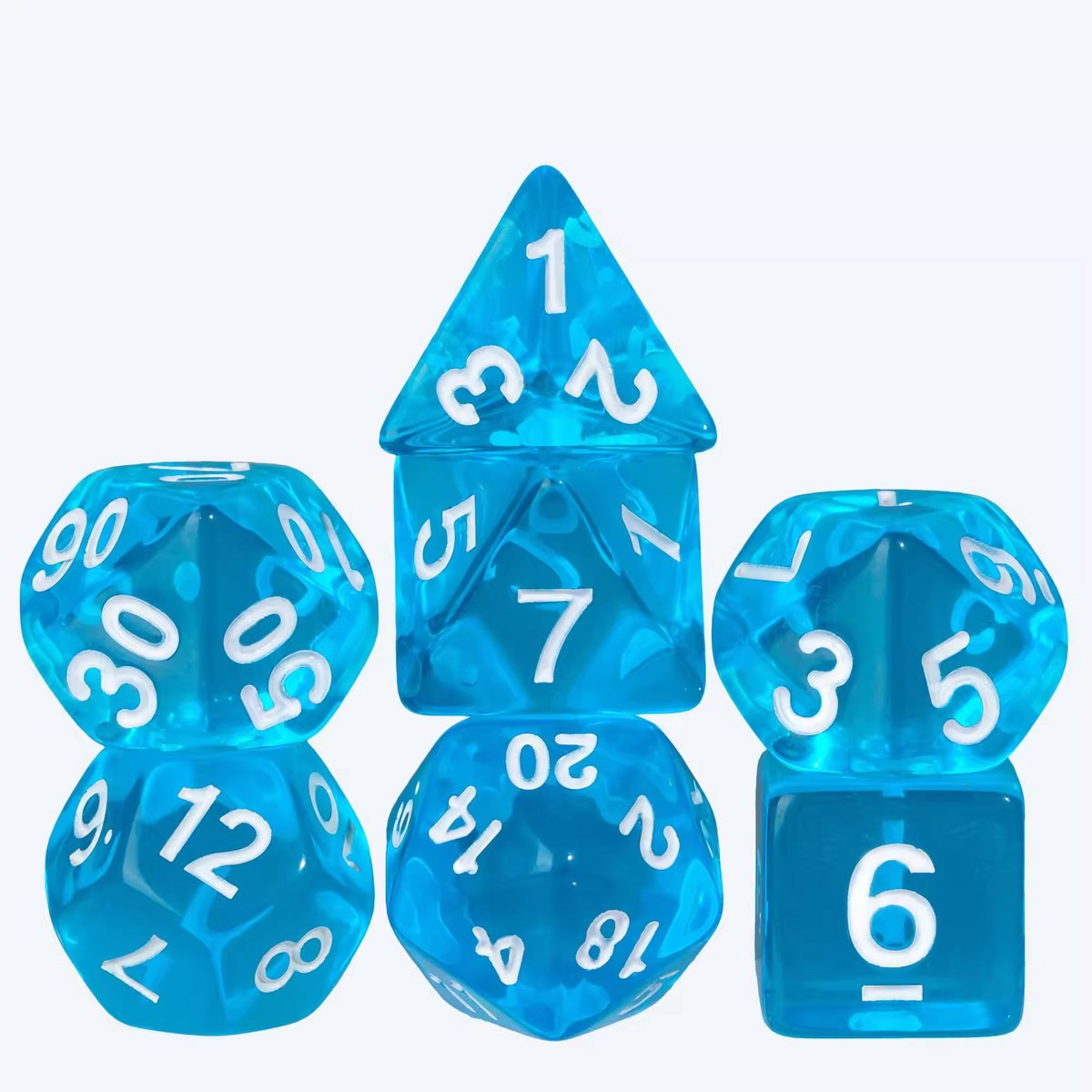 Dobbelstenen Set 7-delig – Transparant Lichtblauw D20 D12 D10 D8 D6 D4 – Voor RPG & Tafelspellen