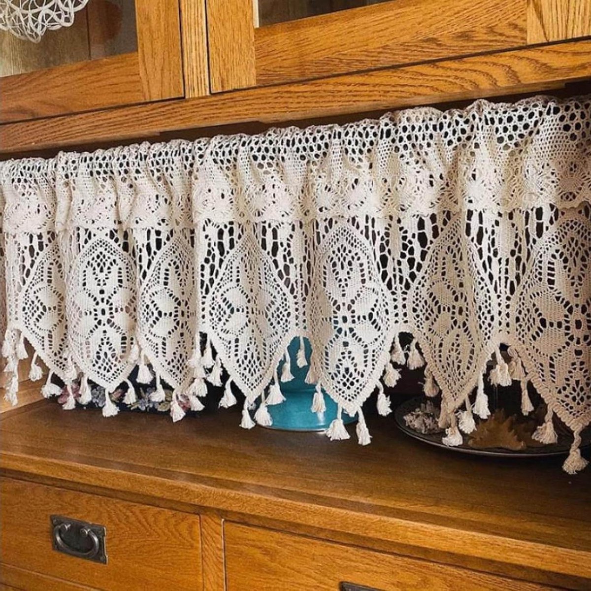 Rustiek Gordijn Valletje - Kanten Valletje Keuken - Raamdecoratie Woonkamer - Katoenen Kantstof - 90x38cm - Beige