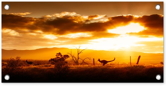 Tuinposter 60x30 cm - Tuindecoratie Kangoeroe - Zon - Silhouet - Poster voor in de tuin - Buiten decoratie - Schutting tuinschilderij - Tuindoek muurdecoratie - Wanddecoratie balkondoek