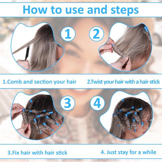 Instructies voor het gebruik van haarrollers. Stap 1: Kam en deel je haar. Stap 2: Draai je haar met een haarstaaf. Stap 3: Maak vast met haarstaaf. Stap 4: Blijf een tijdje.