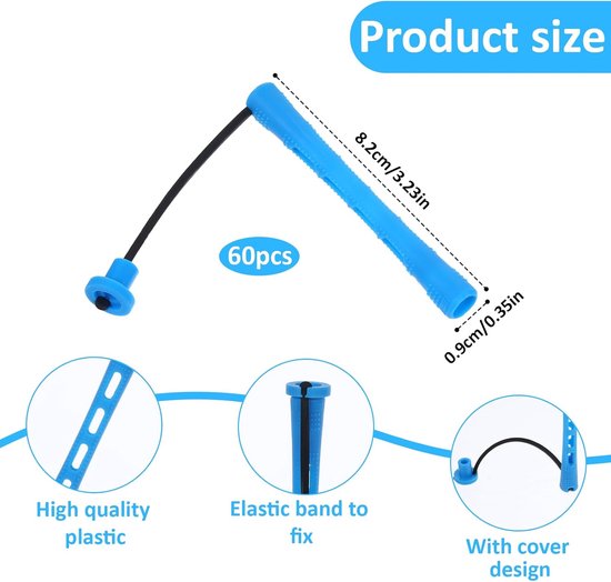 Productafmetingen van een blauwe haarroller: 8.2cm lang, 0.9cm breed. Bevat 60 stuks. Gemaakt van hoge kwaliteit plastic met elastische band.