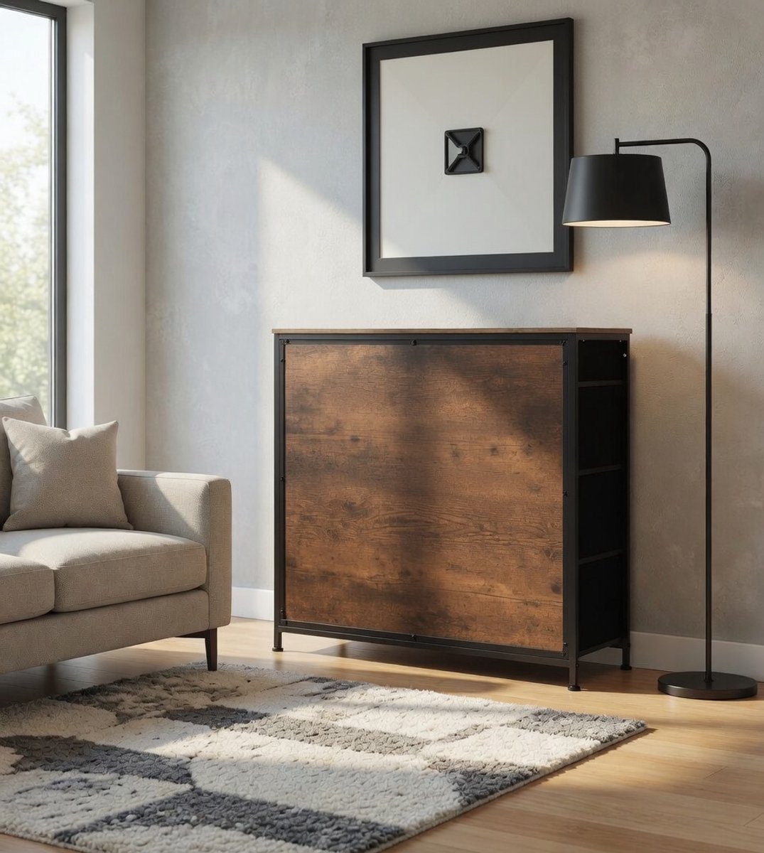 Commode met 8 stoffen laden, stabiel metalen frame, vintage design, voor slaapkamer, woonkamer, hal, kinderkamer, 86 x 30 x 89 cm, vintage bruin + zwart, SSK006hov-Mobili Bella