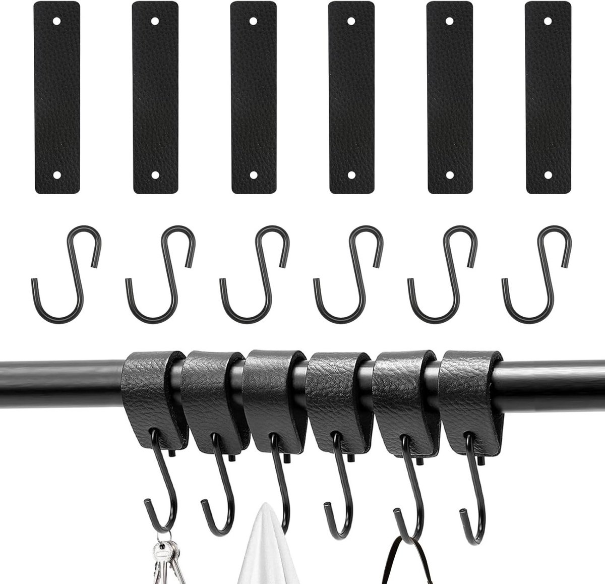 Set van 6 Zwarte Kledinghaken met Leren Lus - Multifunctionele Haken voor Kleding, Sleutels en Accessoires - 12,5 x 3 cm