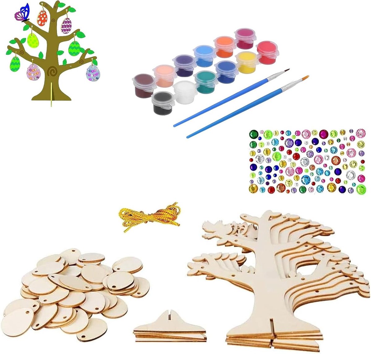 Ongefinished Houten Paasdecoratie - Houten Paaseieren, Hangers en Disc voor Kinderen, Creatieve Knutselset met Touw en Zelfklevende Hanger