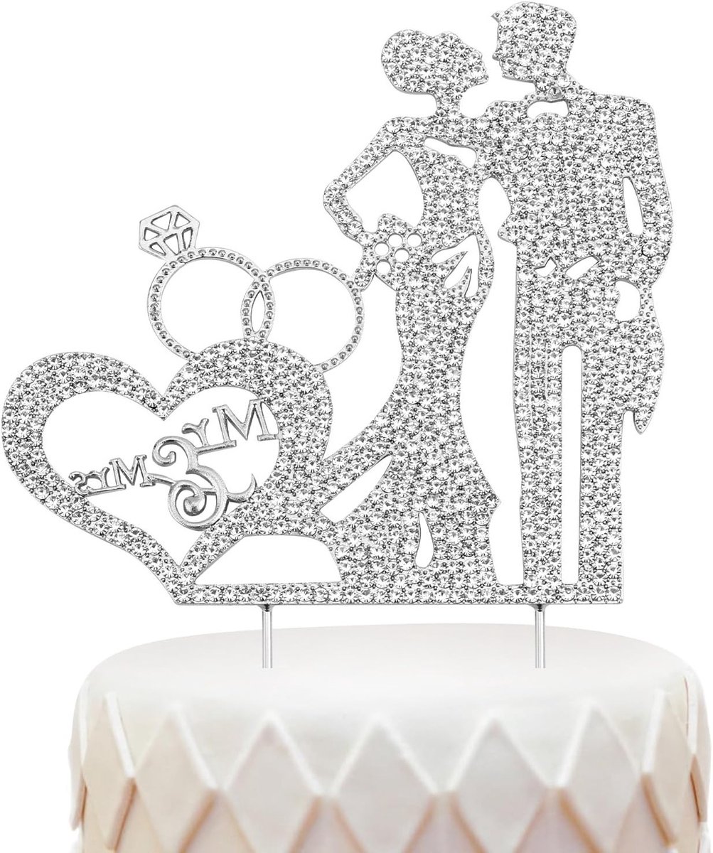 Glinsterende Bruid en Bruidegom Taarttopper van Zinklegering met Strass voor Huwelijk en Verjaardag, Perfecte Decoratie voor Taart en Feestelijkheden