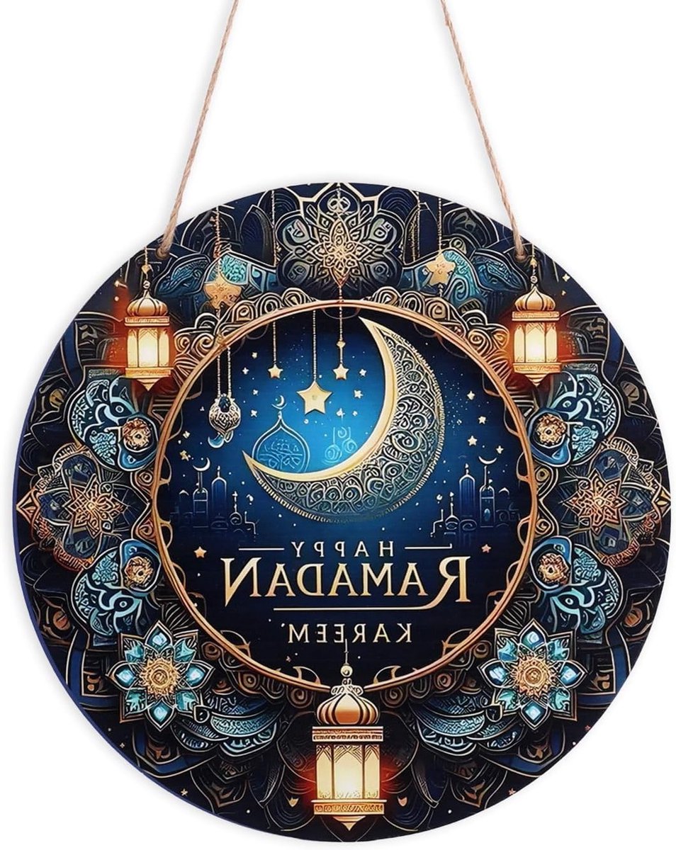 Ramadan Deurbord van Hout, 20cm - Eid Mubarak Decoratie voor Deur, Ramadan Kareem Wreath en Wanddecoratie voor Feestdagen