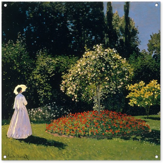 Une peinture d'une femme avec un parasol dans un jardin fleuri.