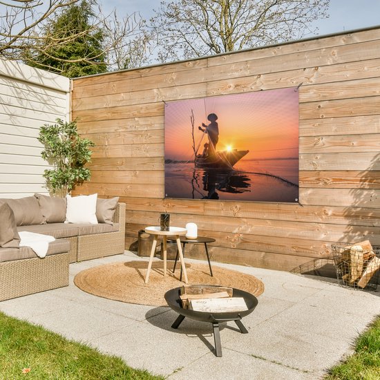 Affiche jardin - Toile Posters de jardin extérieur - Pêcheur au coucher du soleil - 120x80 cm - Jardin