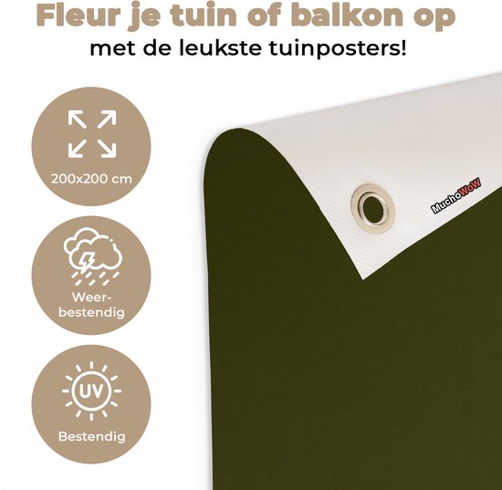 Een witte tuinposter met informatie over de afmetingen (200x200 cm), en weer- en UV-bestendigheid.